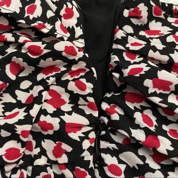 Lush Red Black White Liberty Floral Mini Ruched Dress Smocked Back Small - Picture 14 of 16